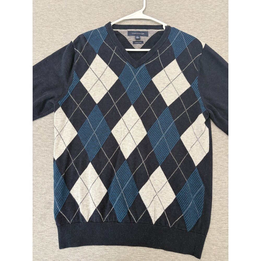 Tommy Hilfiger Cotton Wool Blend Argyle V-Neck Sweater Mens Medium Navy Preppy